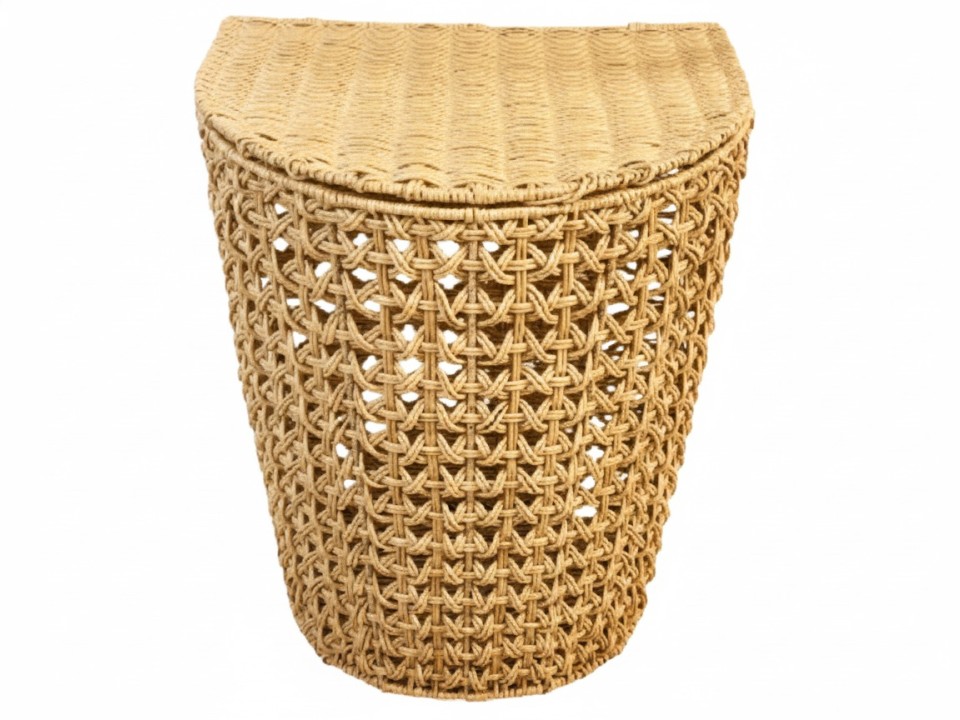 Artisanal Tapered Half-Moon Ivory Resin Rattan Hamper with Hinged Lid